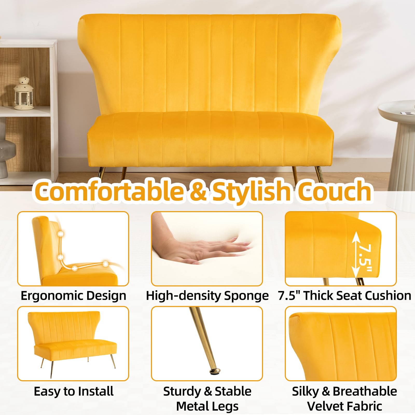 Yellow Velvet Loveseat with Gold Legs