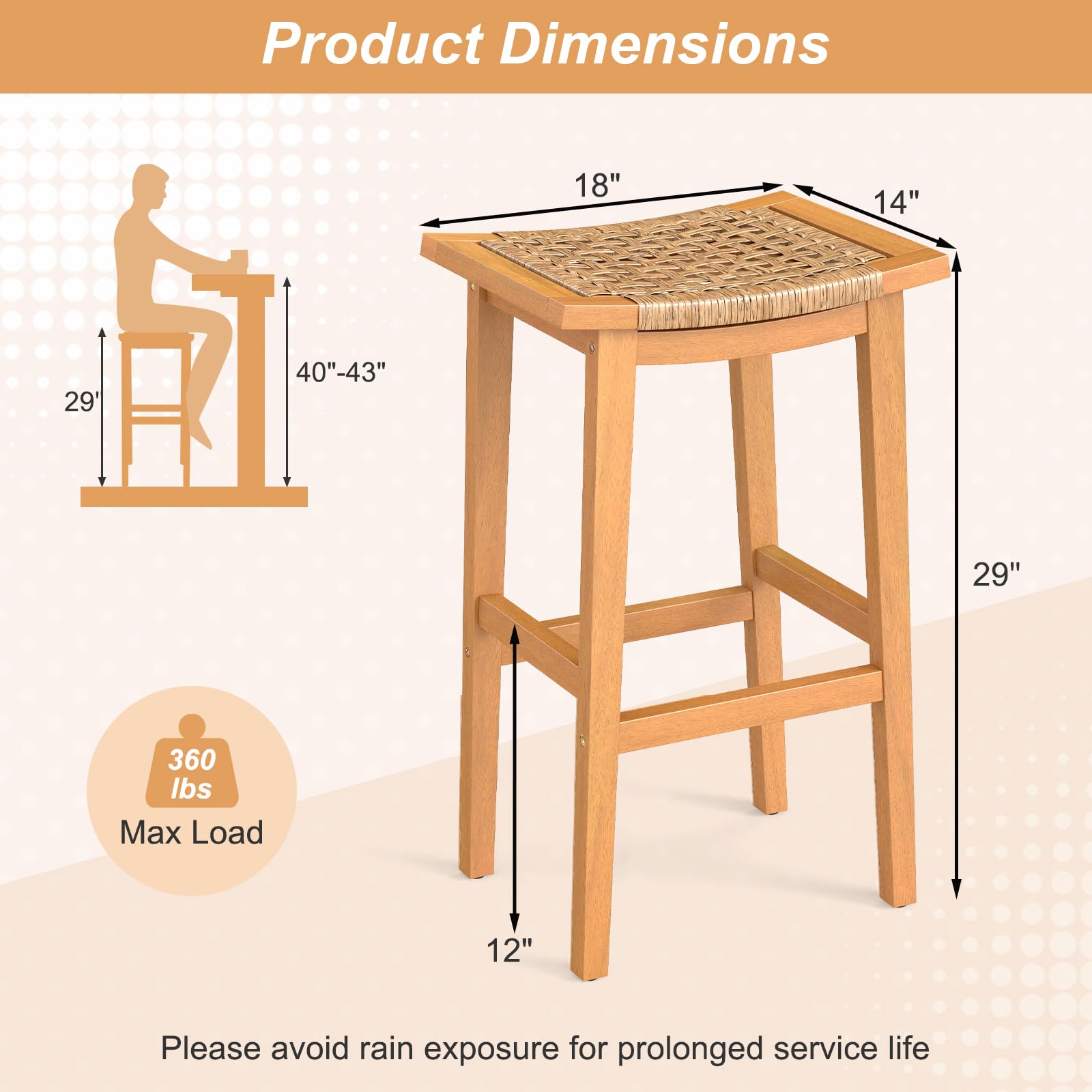Outdoor Wooden Bar Stools Set of 2, 29" Backless with PE Rattan Saddle Seat