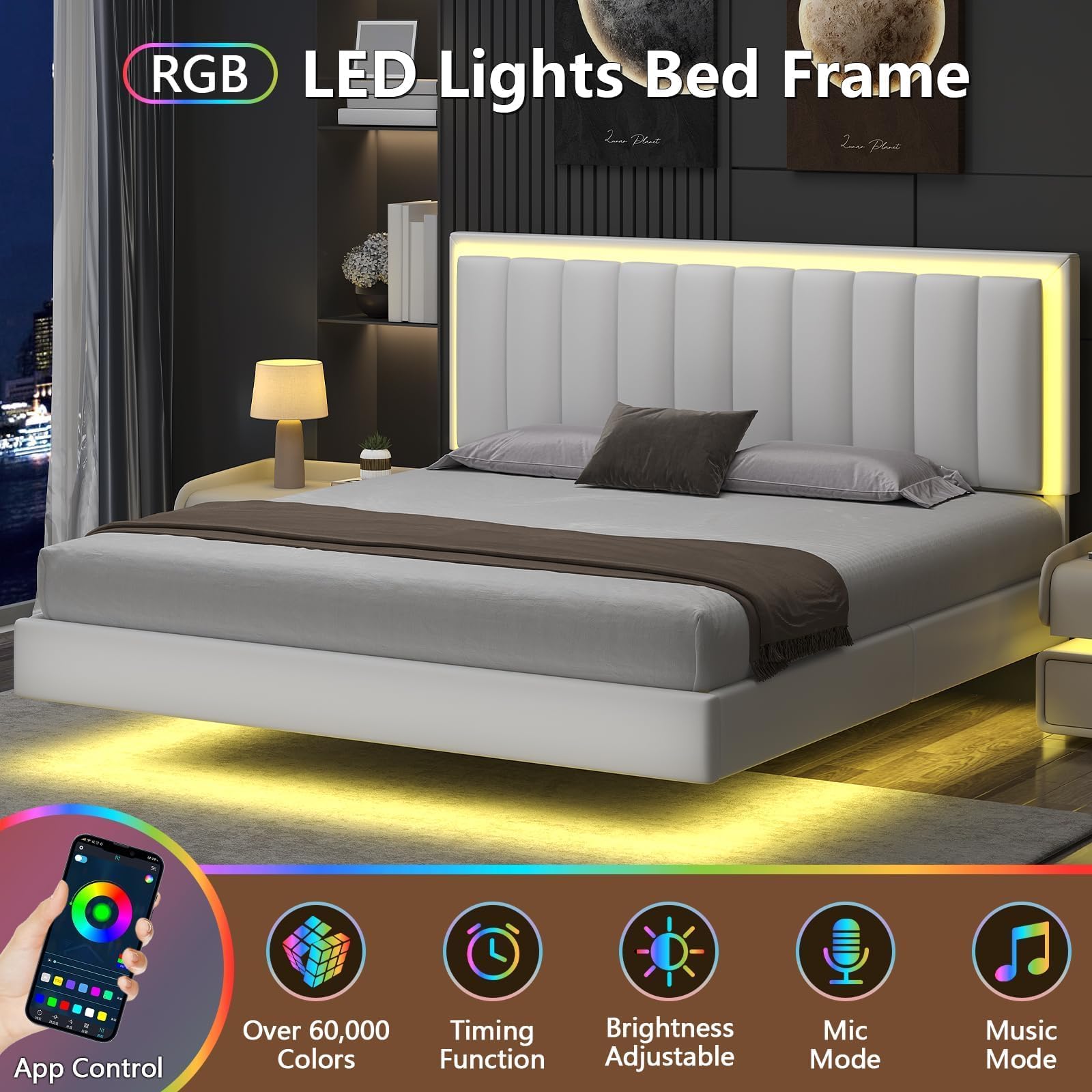 Floating Bed Frame King Size with LED Lights and Upholstered Headboard