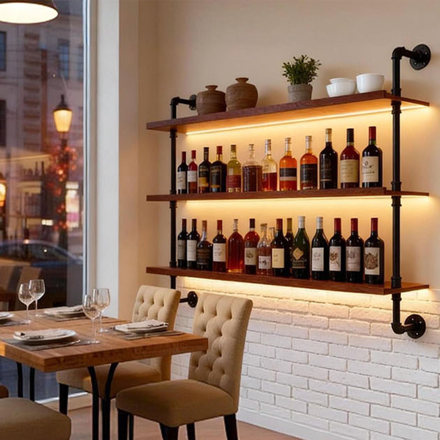 39" Wall Mounted Wine Rack with LED Lights - 3 Tier Industrial Pipe Floating Shelves