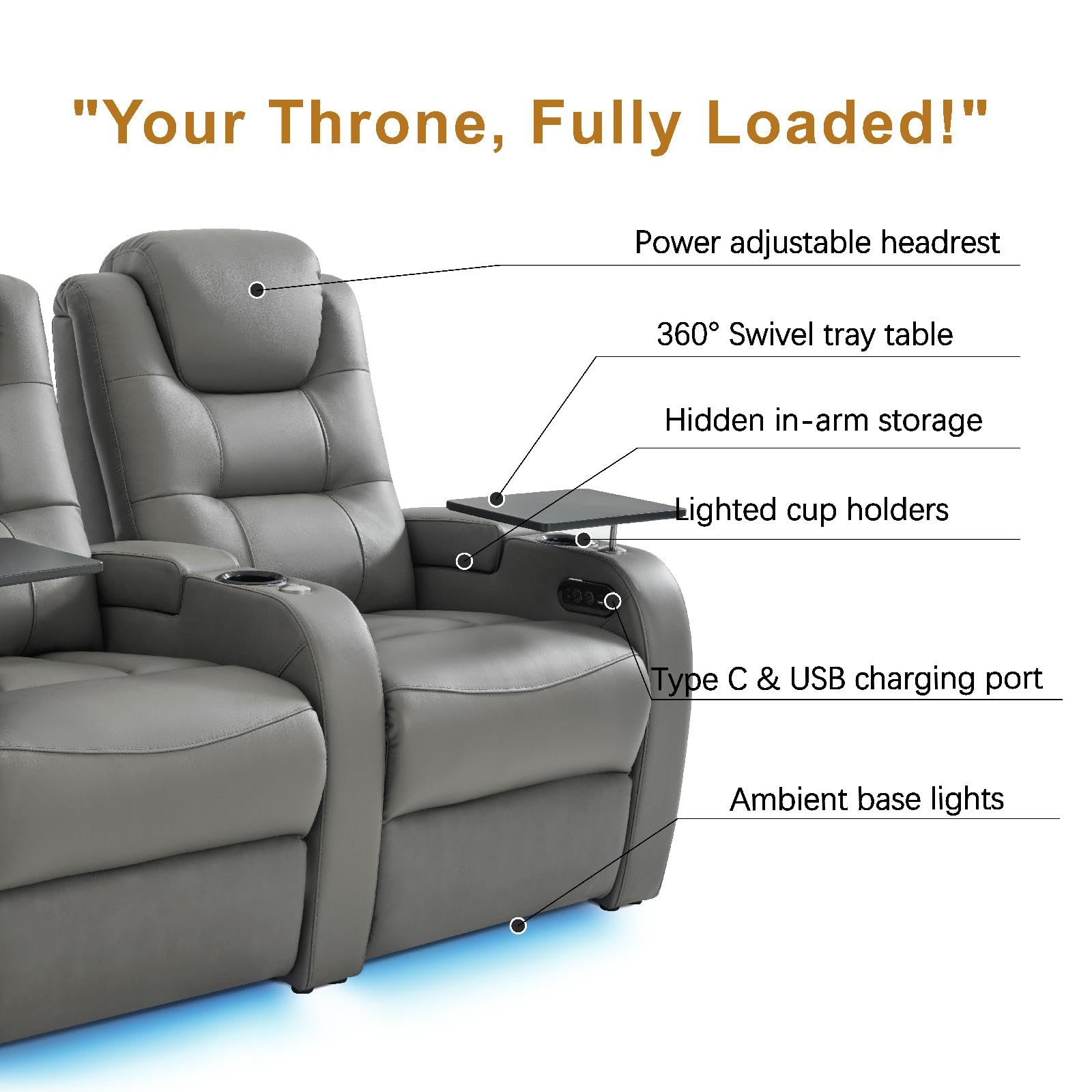 Top Grain Nappa Leather Power Recliner Home Theater Seating - Row of 5