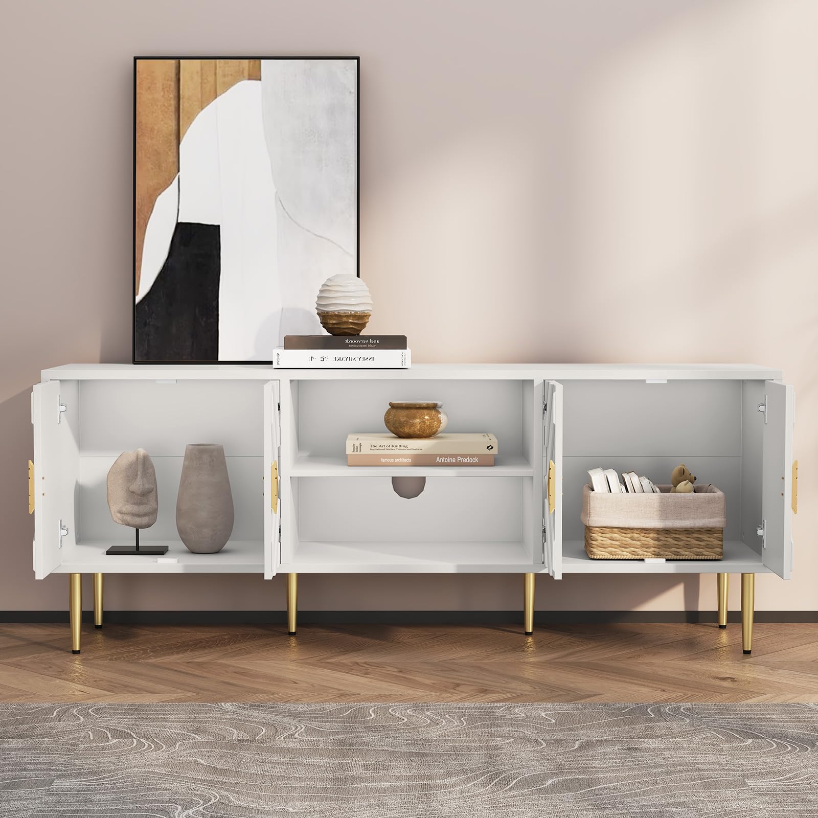 63'' White TV Stand with Storage Cabinets and Embossed Doors