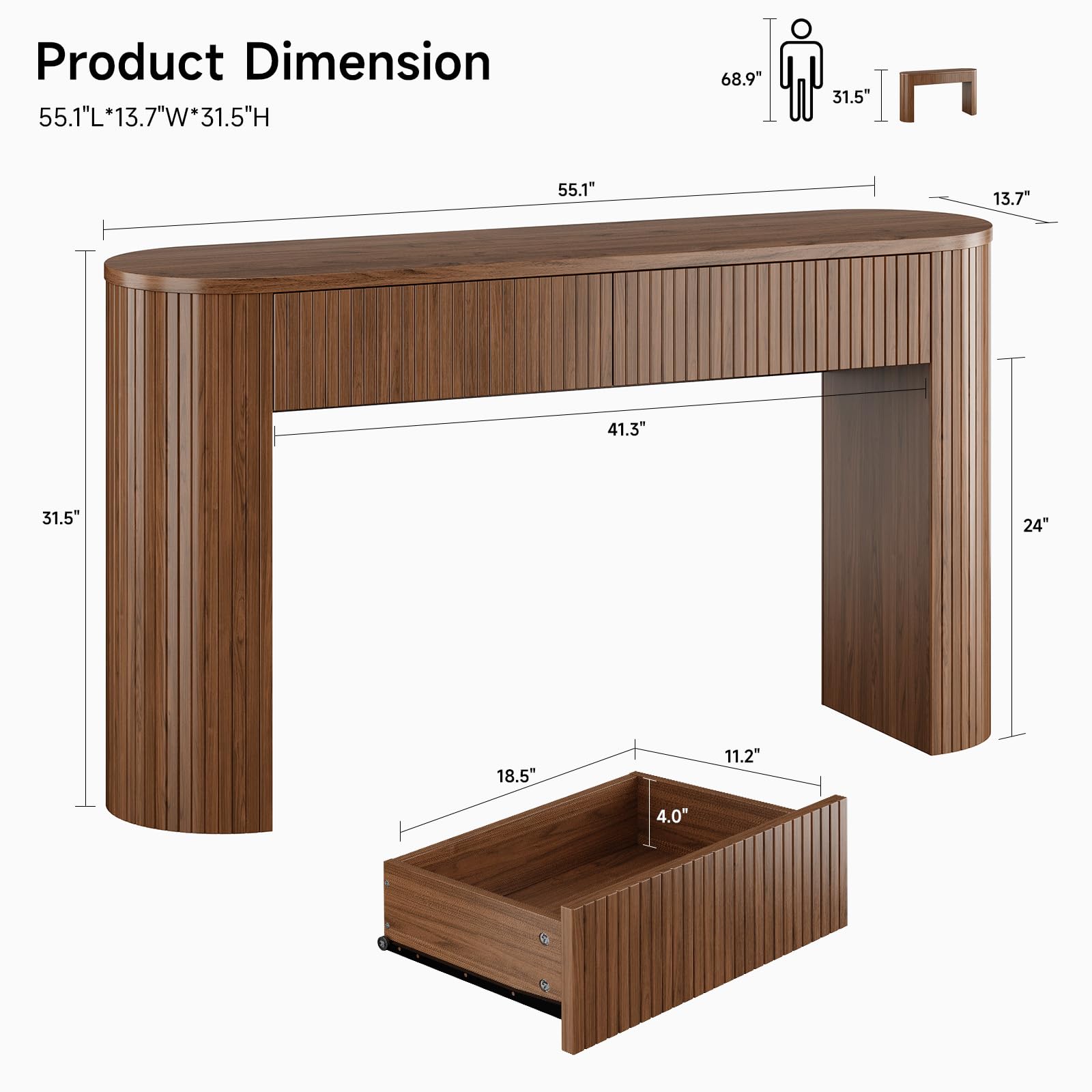 55 Inch Console Table with 2 Drawers and Fluted Design