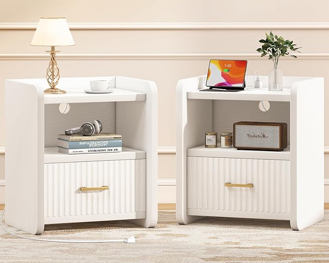 Night Stand with Charging Station and Drawer Storage