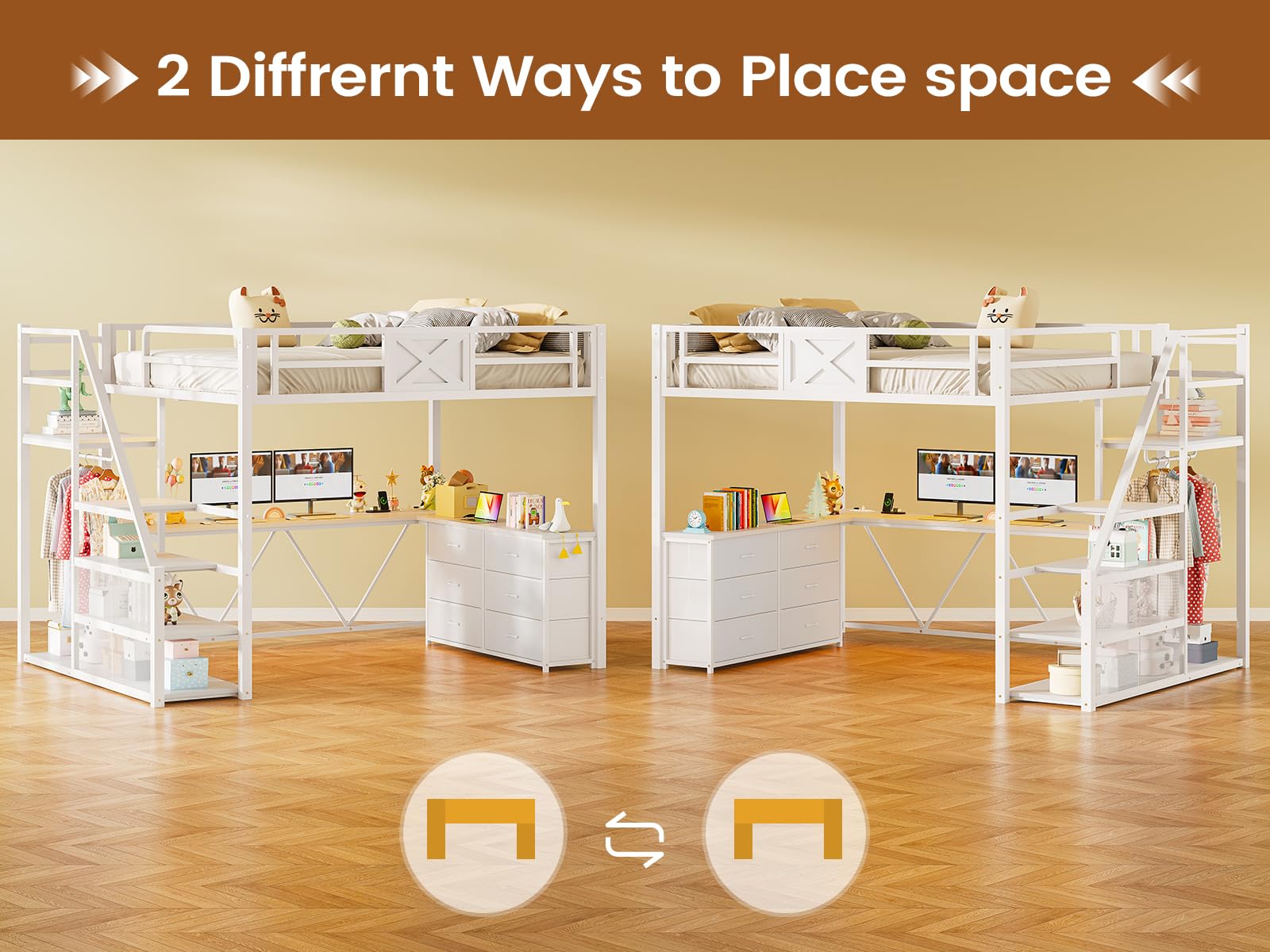 Itaar Full Size Loft Bed with Desk and Storage Stairs, Metal Loft Bed with 6 Storage Drawers, Hall Tree, LED Lights and Power Outlet, for Kids, Teens, Adults, White