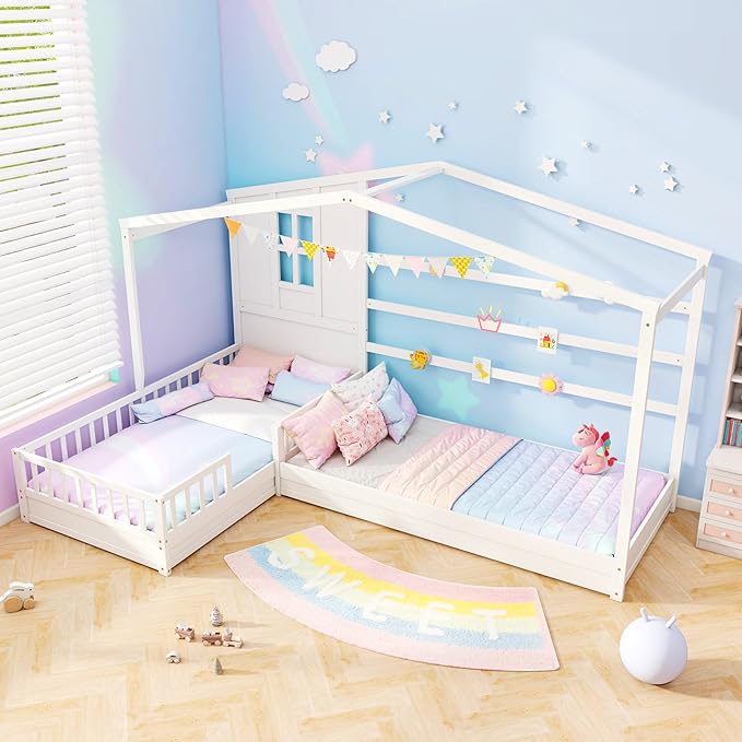 Double Twin L-Shaped House Bed with Window and Fences