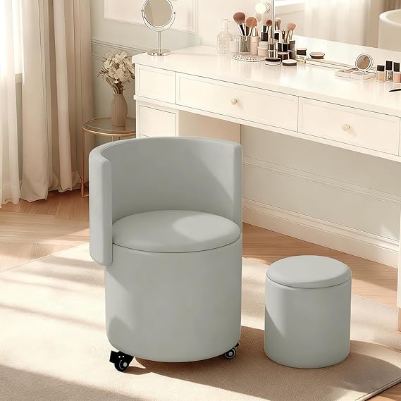 Rolling Round Vanity Chair with Storage