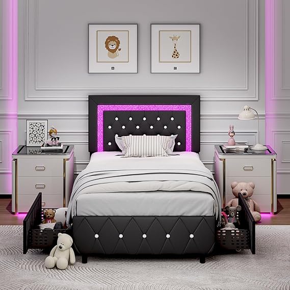 Queen LED Bed Frame with Storage Drawers