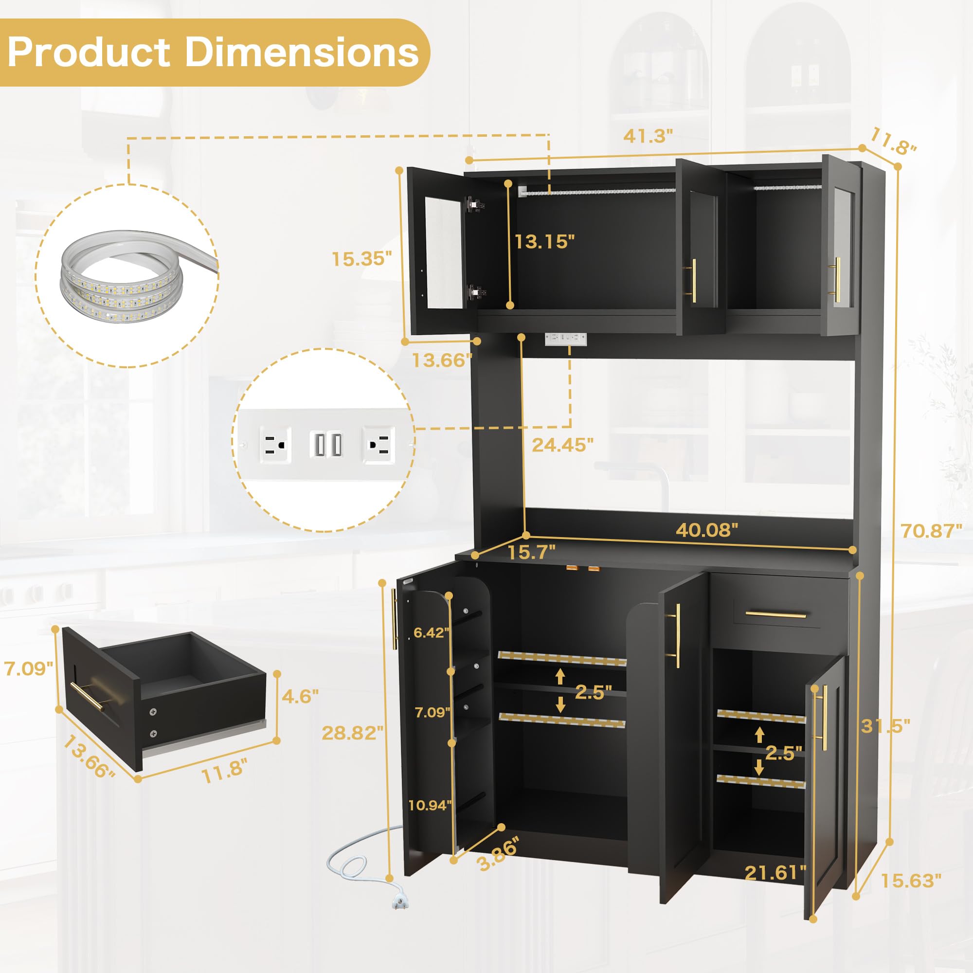 Kitchen Pantry Cabinet with Microwave Shelf and Charging Station
