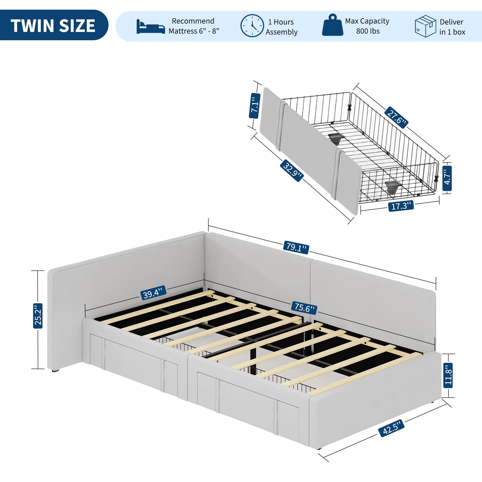 Twin Daybed with Storage Drawers and Velvet Upholstered Headboard