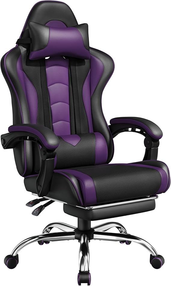 Gaming Chair with Massage Lumbar Support and Footrest