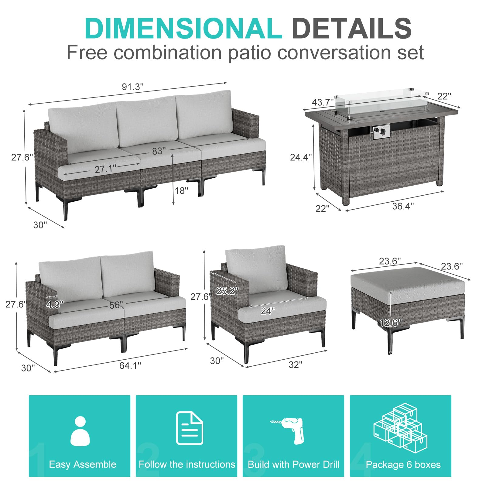 10 Piece Patio Sectional Set with Fire Pit Table