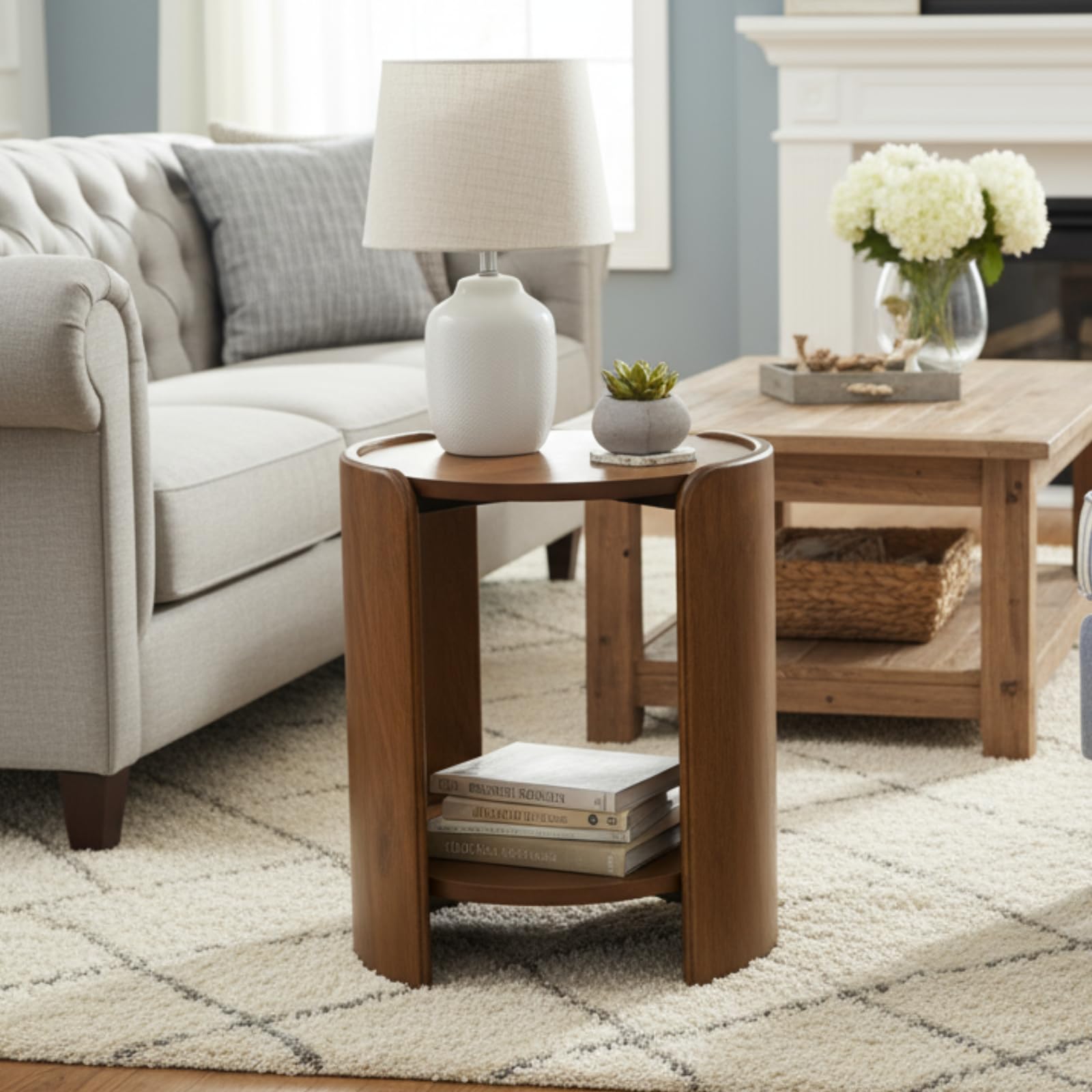 DUOMAY Wood Side Table, 15.5" Wide Round End Table with Storage Shelf Mid Century Modern Bedside Table for Living Room Apartment, Walnut Color