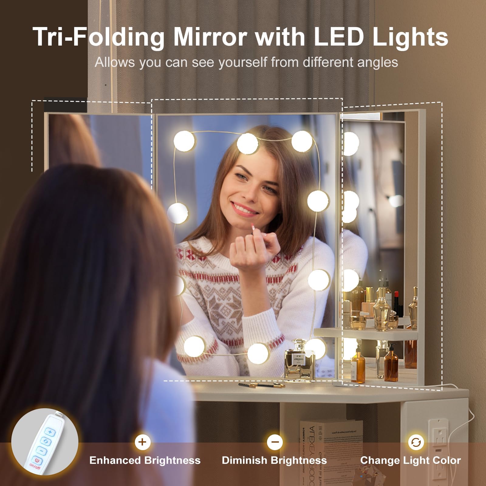 Corner Vanity Desk with Tri-Fold Mirror and Lights
