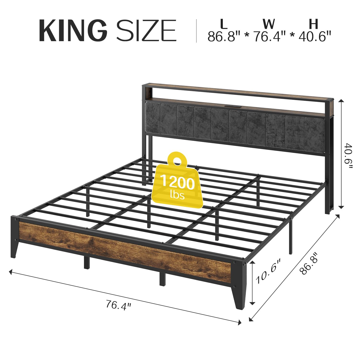 King Bed Frame with LED Headboard and Charging Station