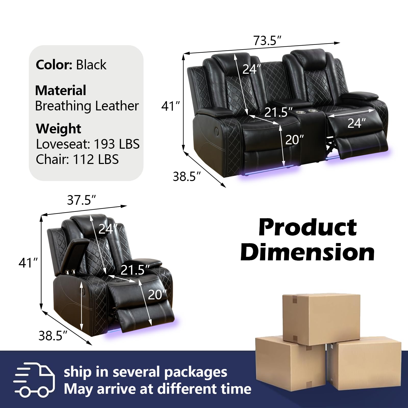 Power Recliner Sofa Set with LED Lights and Storage Console