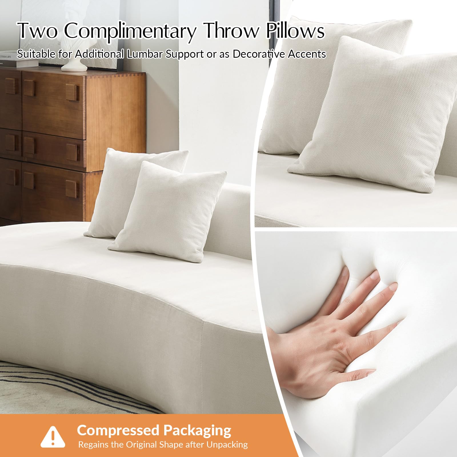 94.5" Curved Boneless Couch with Two Pillows