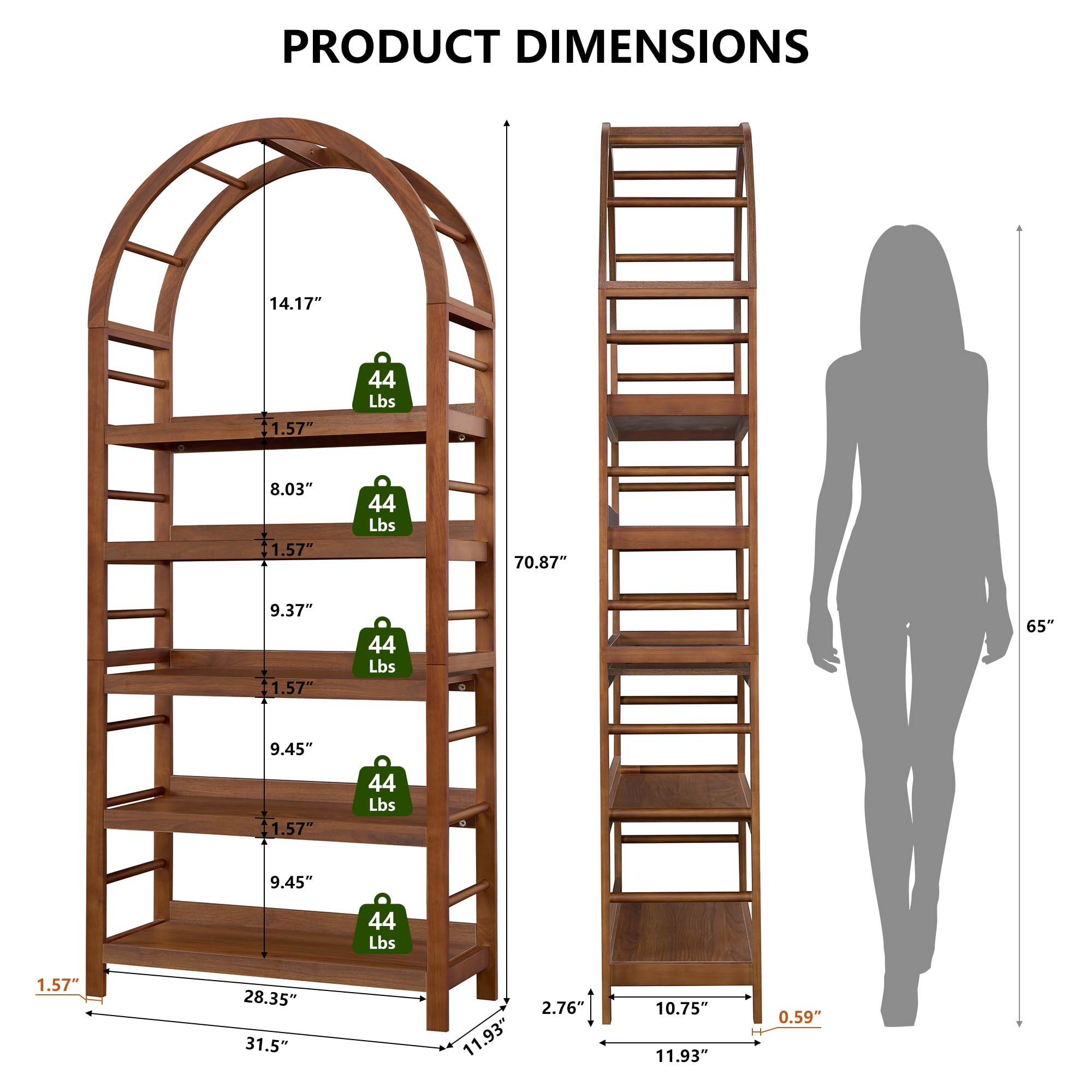 5-Tier Arched Bookshelf with Solid Wood Frame