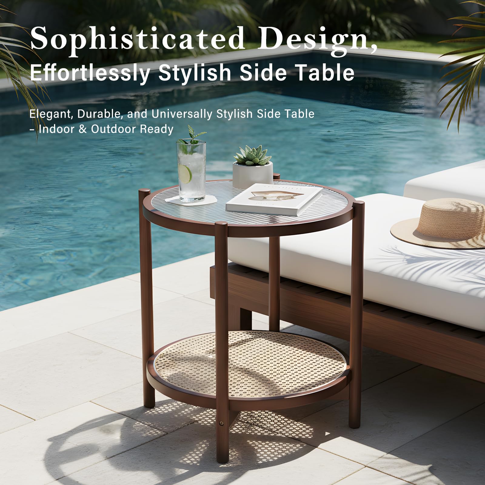 Rattan Coffee Table Round End Table 2-Tier Bamboo Glass Top