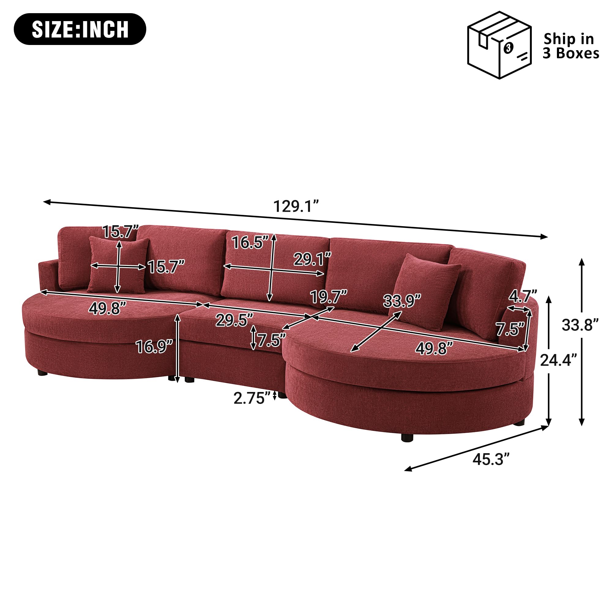 Merax 129 inches 3-Seater Curved Chenille Sofa, Modern Upholstered Living Room Couch with Thick Cushions, Includes 2 Throw Pillows, Easy Assembly, Red