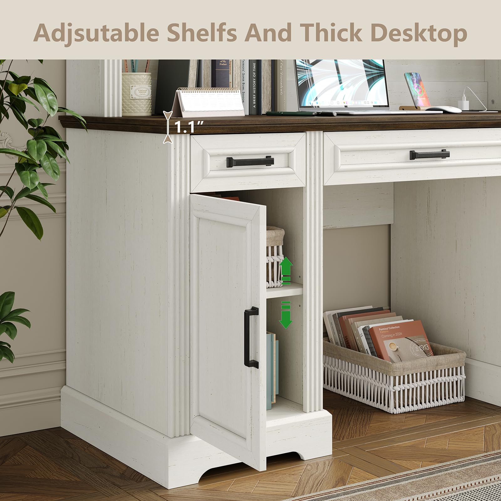 76" Farmhouse Executive Desk with Hutch and Charging Station