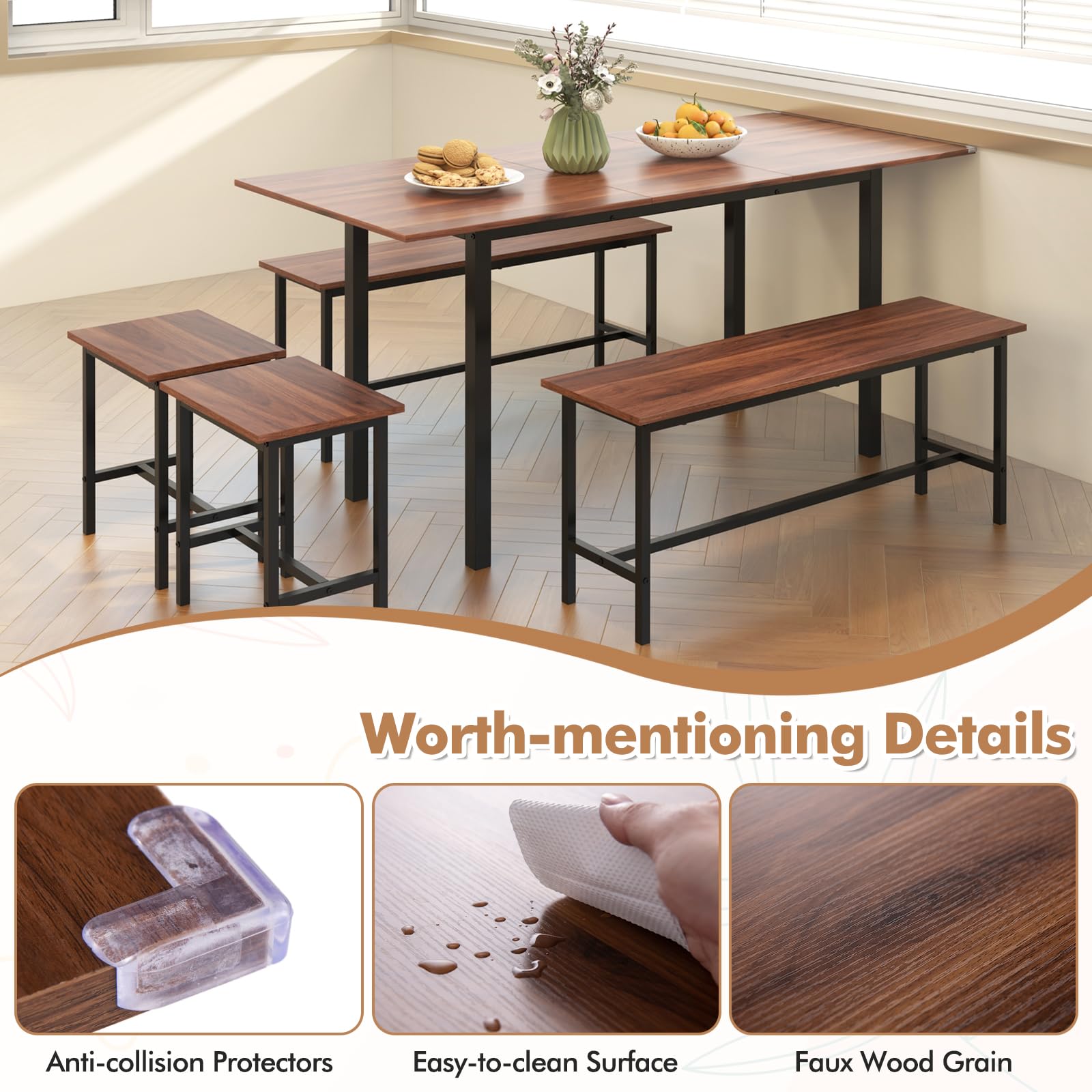 5-Piece Extendable Dining Table Set with Benches and Stools