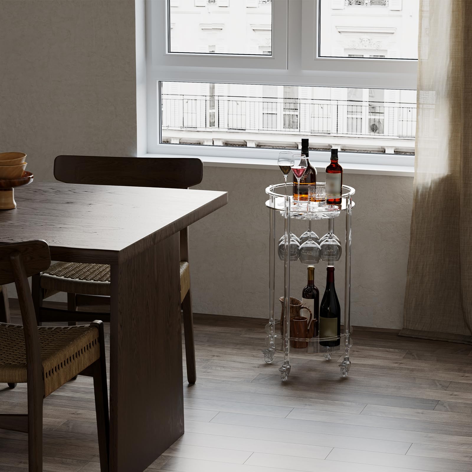 Acrylic Round Rolling Bar Cart - 2 Tier Serving Cart with Lockable Wheels