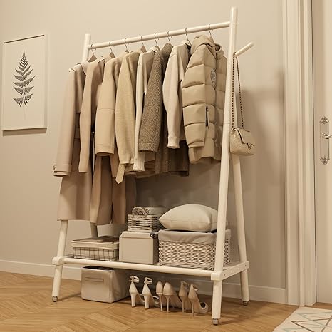 Solid Wood Rolling Clothing Rack with Shelves