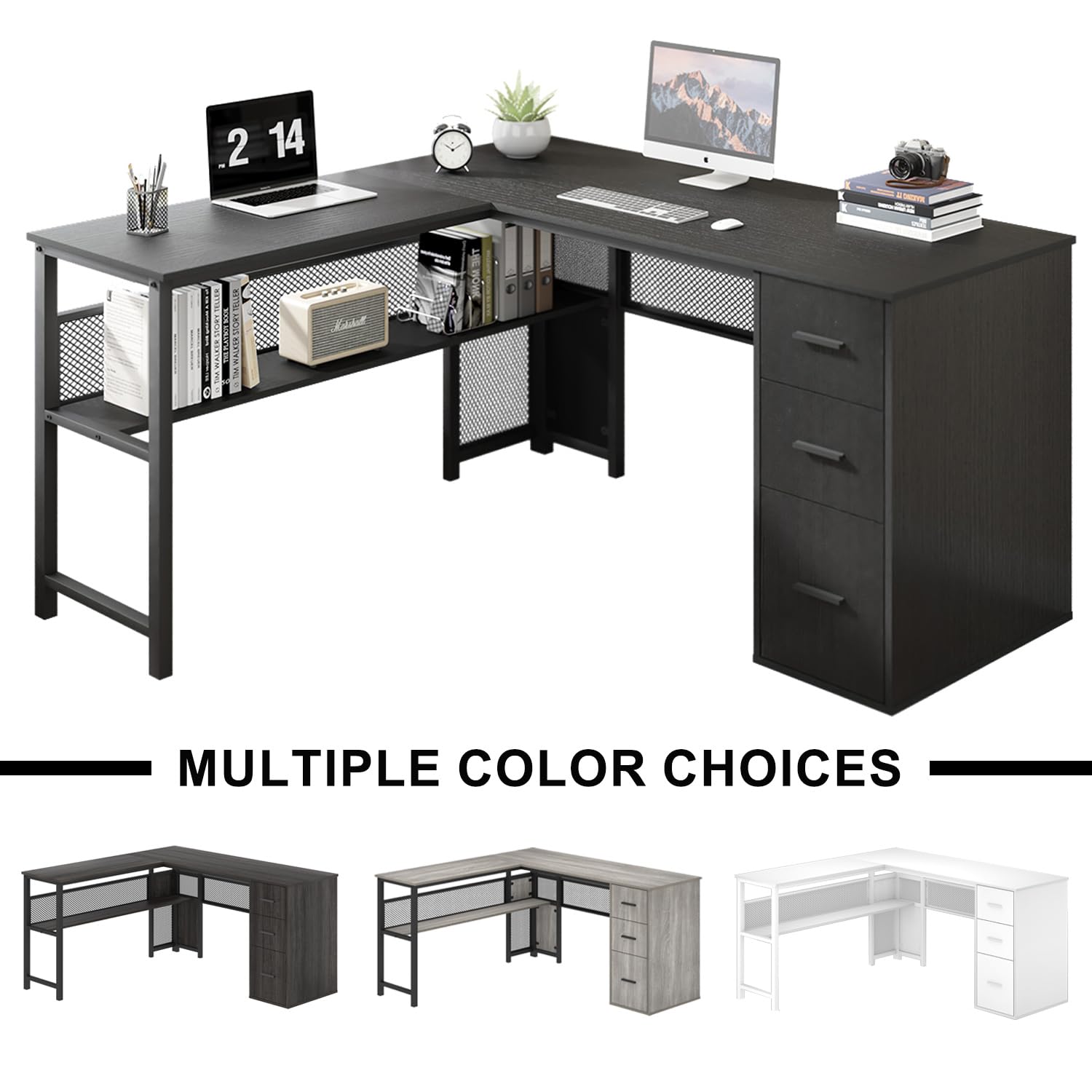 Black L Shaped Desk with Drawers and Storage Shelf
