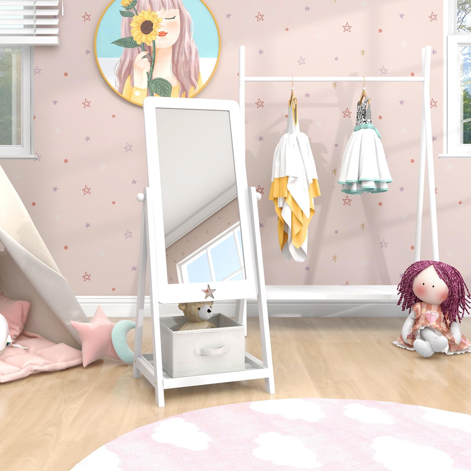 Kids Freestanding Mirror with Storage