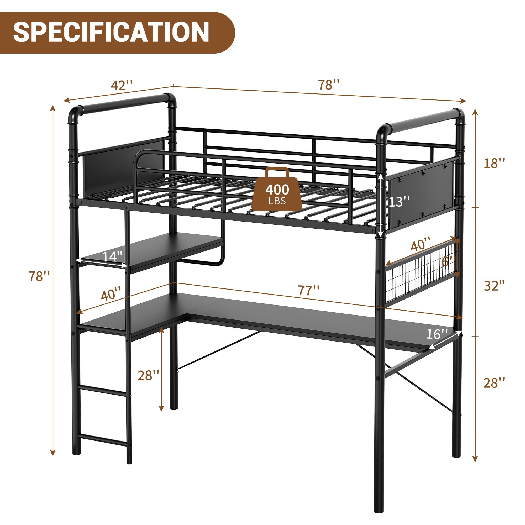 Twin Loft Bed with L-Shaped Desk and Ladder