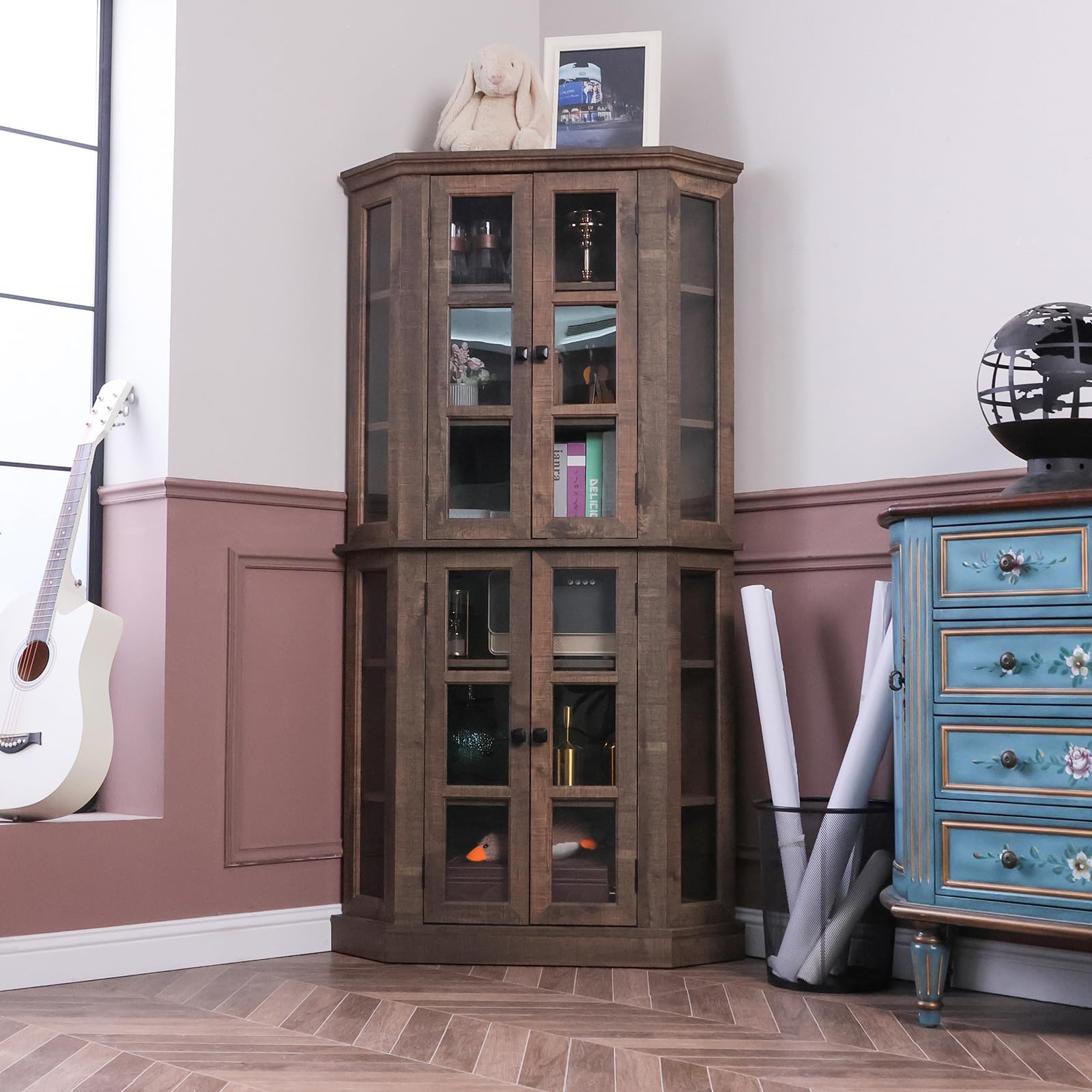 67 Inch Corner Curio Cabinet with Glass Doors