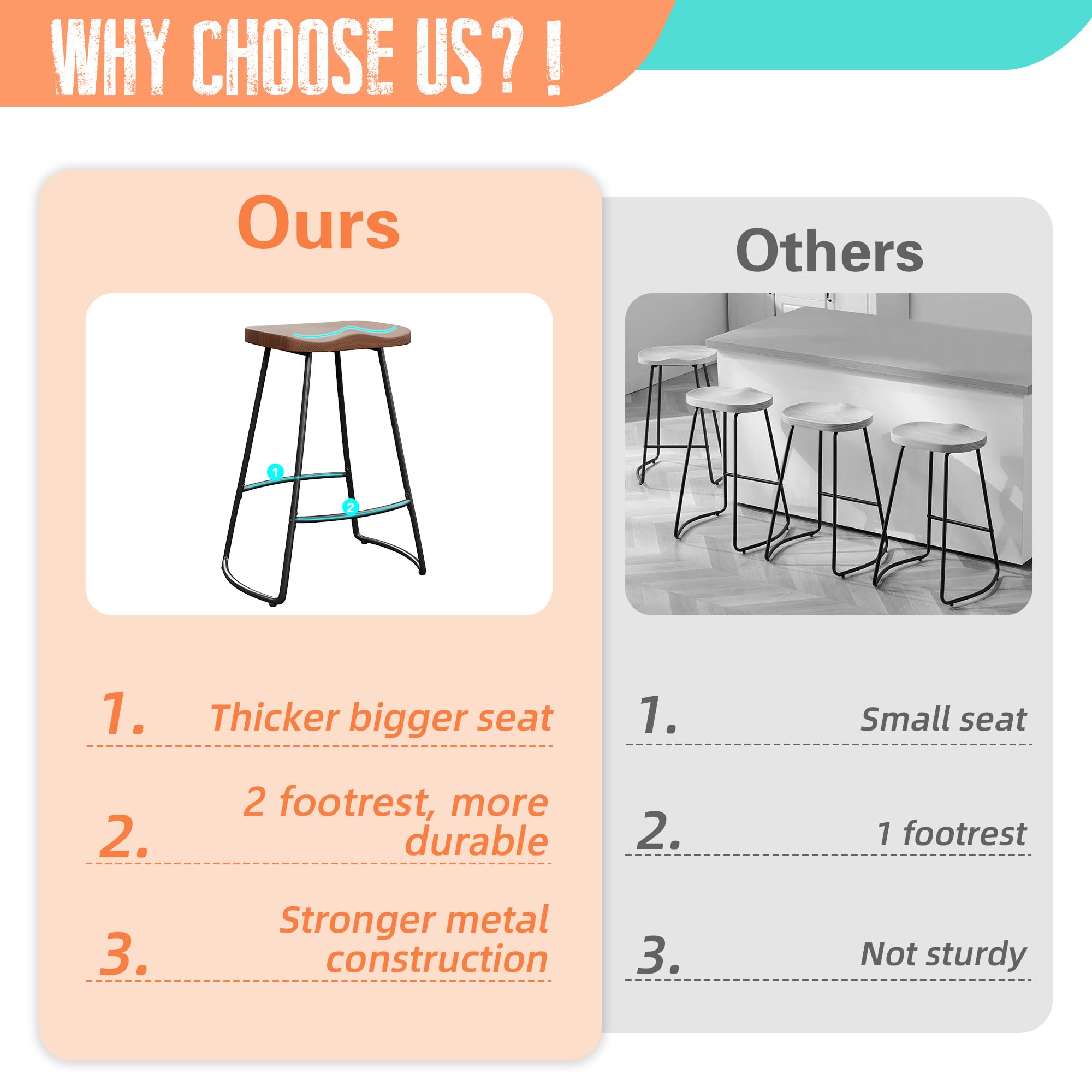 26" Metal Bar Stools Set of 4 Saddle Seat Backless