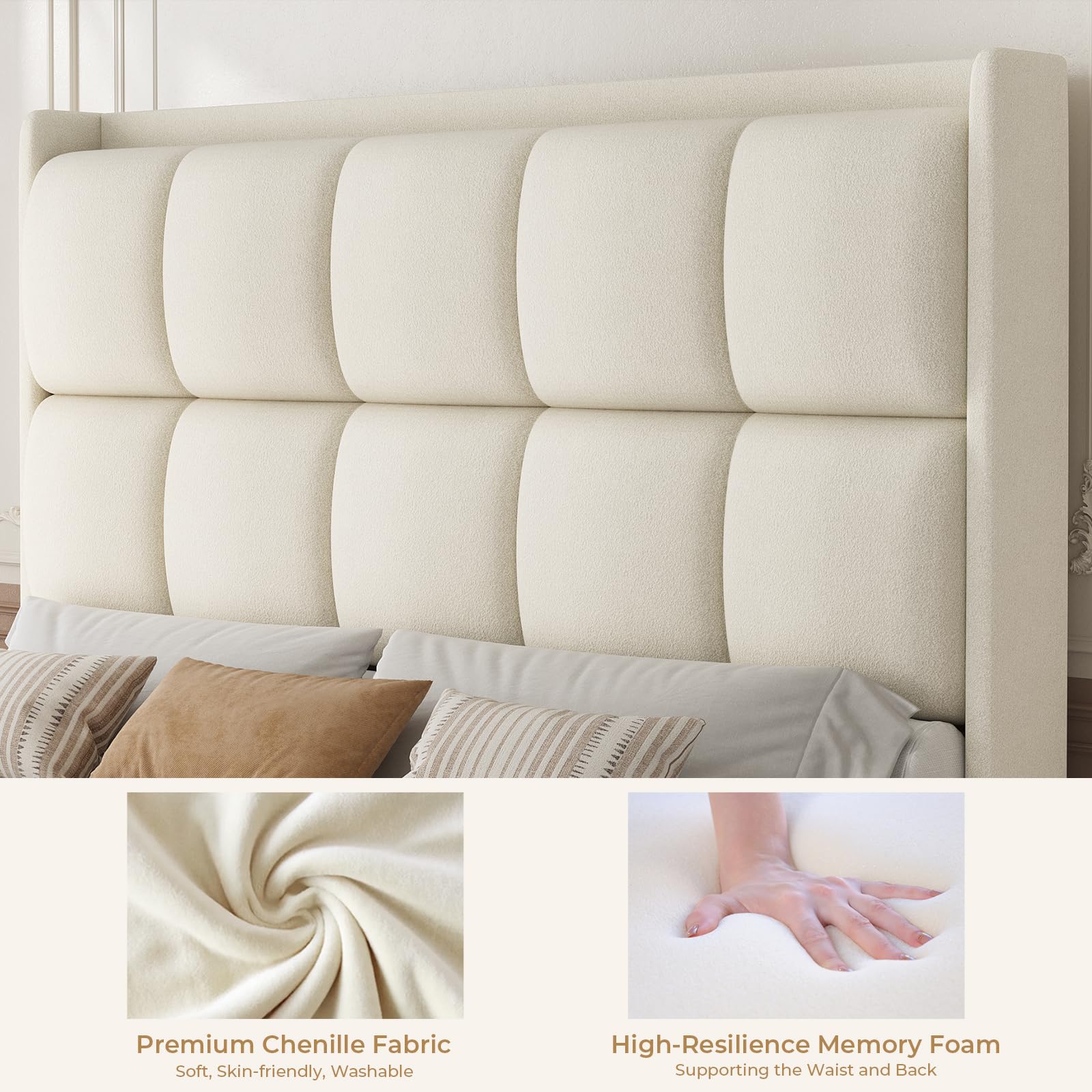 King Size Upholstered Platform Bed Frame with Tall Wingback Headboard