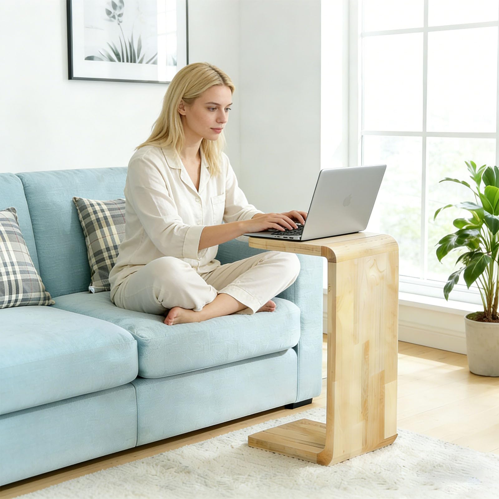 C-Shaped End Table Wooden Side Table