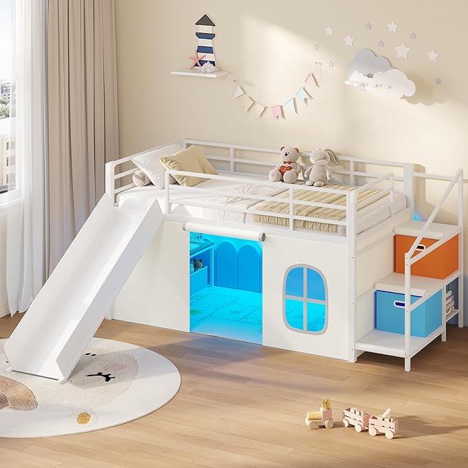 Twin Low Loft Bed with Slide and Storage