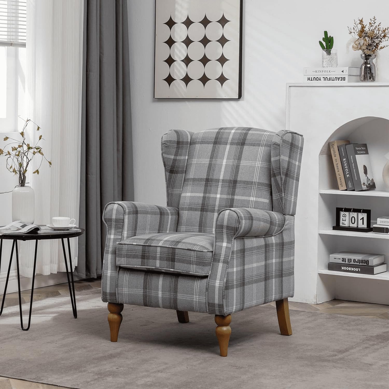 Vintage Tartan Wingback Armchair with Solid Wood Legs