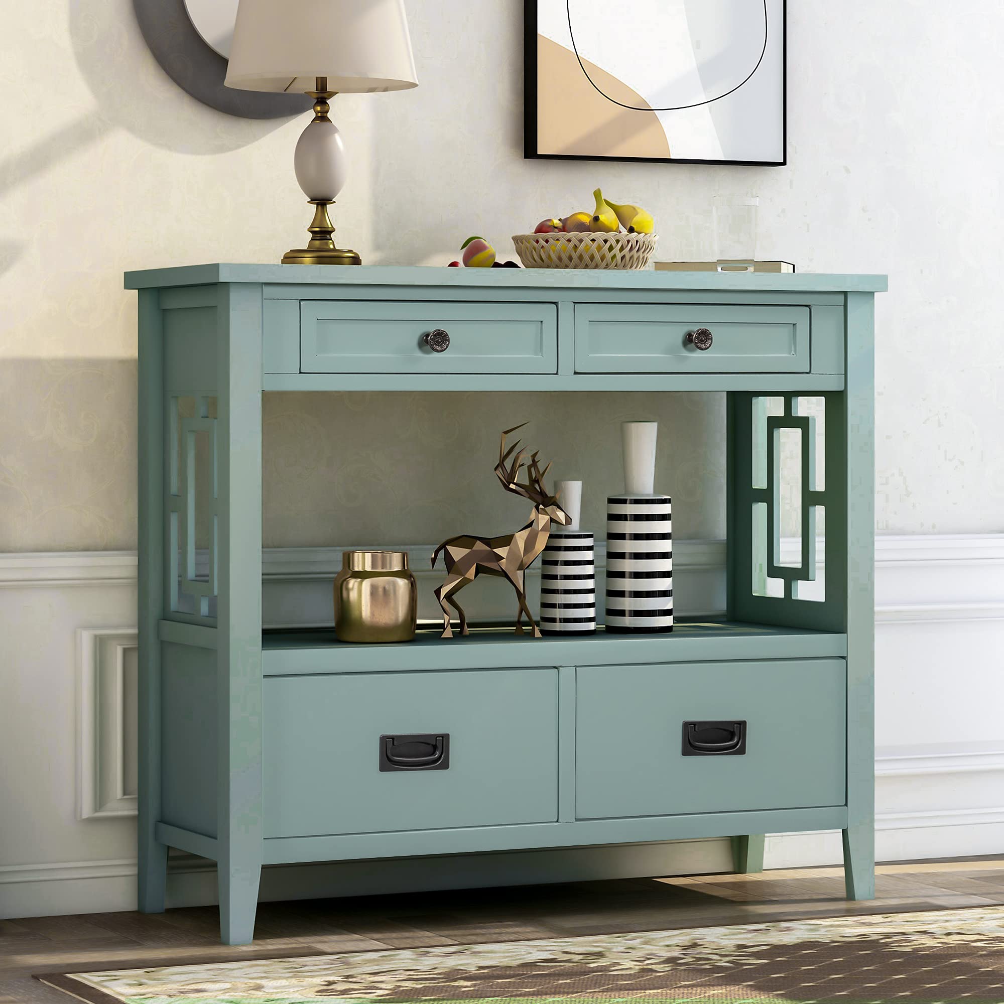 Console Table with 4 Drawers and Shelf - Green