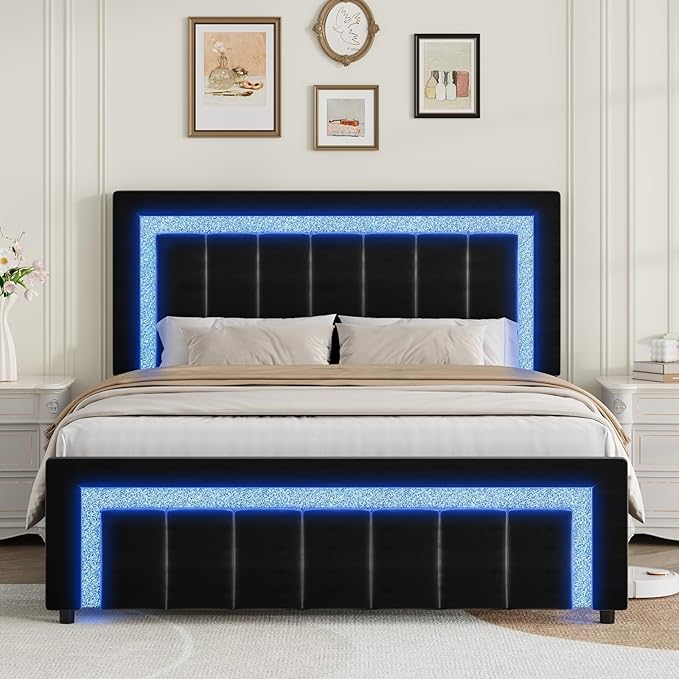 Queen LED Bed Frame with Diamond Tufted Headboard