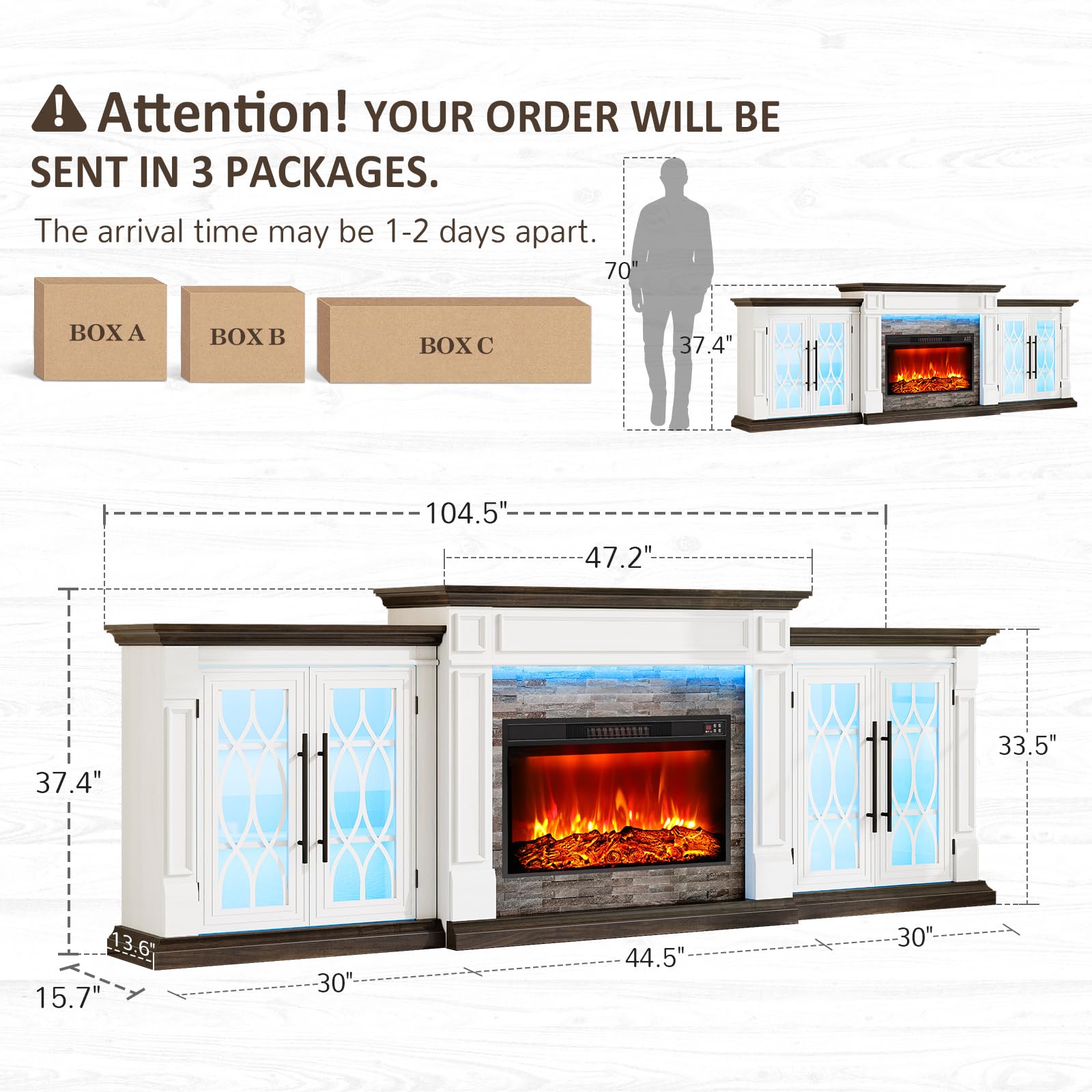 104" Fireplace TV Stand with Electric Insert and Storage Cabinets