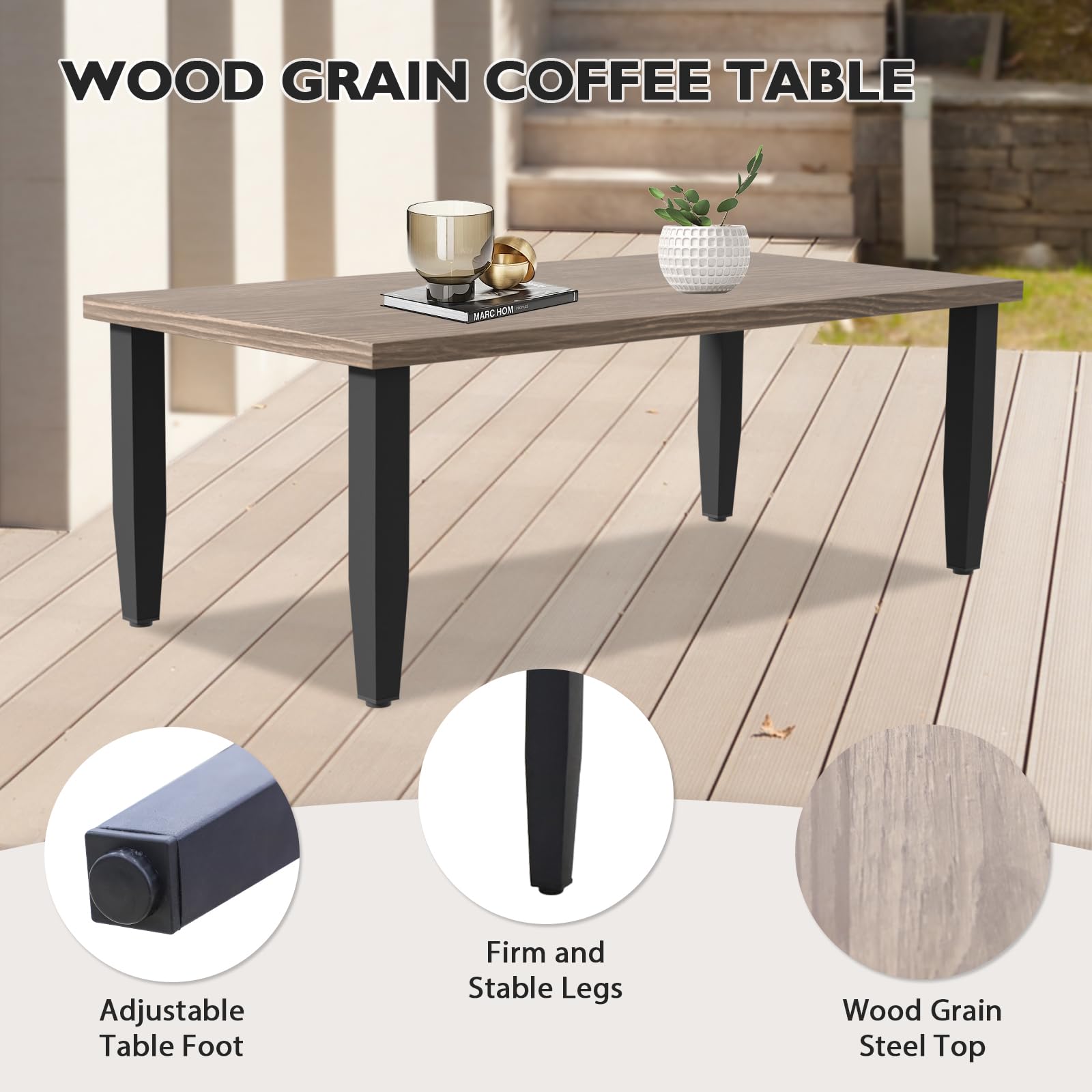 Modern Outdoor Patio Coffee Table with Wood Grain Top