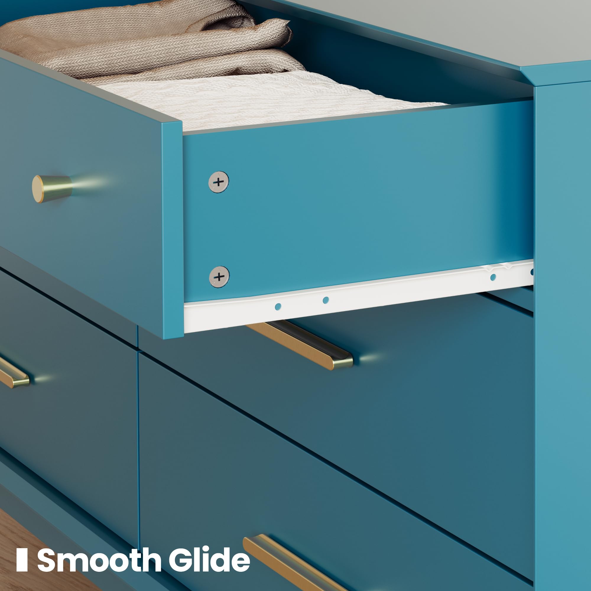 Teal Blue 6 Drawer Dresser with Gold Handles