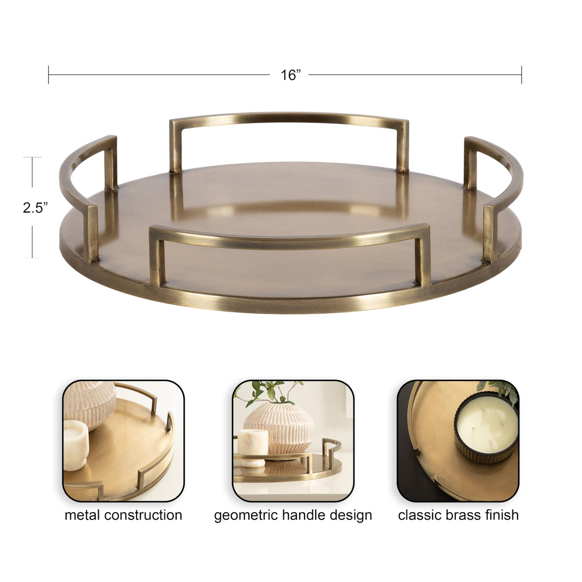Round Serving Tray with Metal Handles - 16 Inch Diameter Antique Brass
