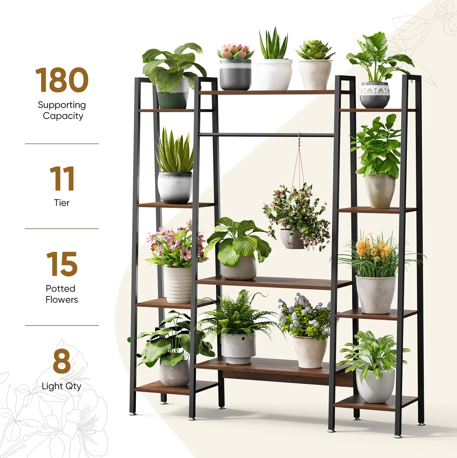 12-Tier Plant Stand with Grow Light - 55" Tall Wood & Metal Shelf with Timer