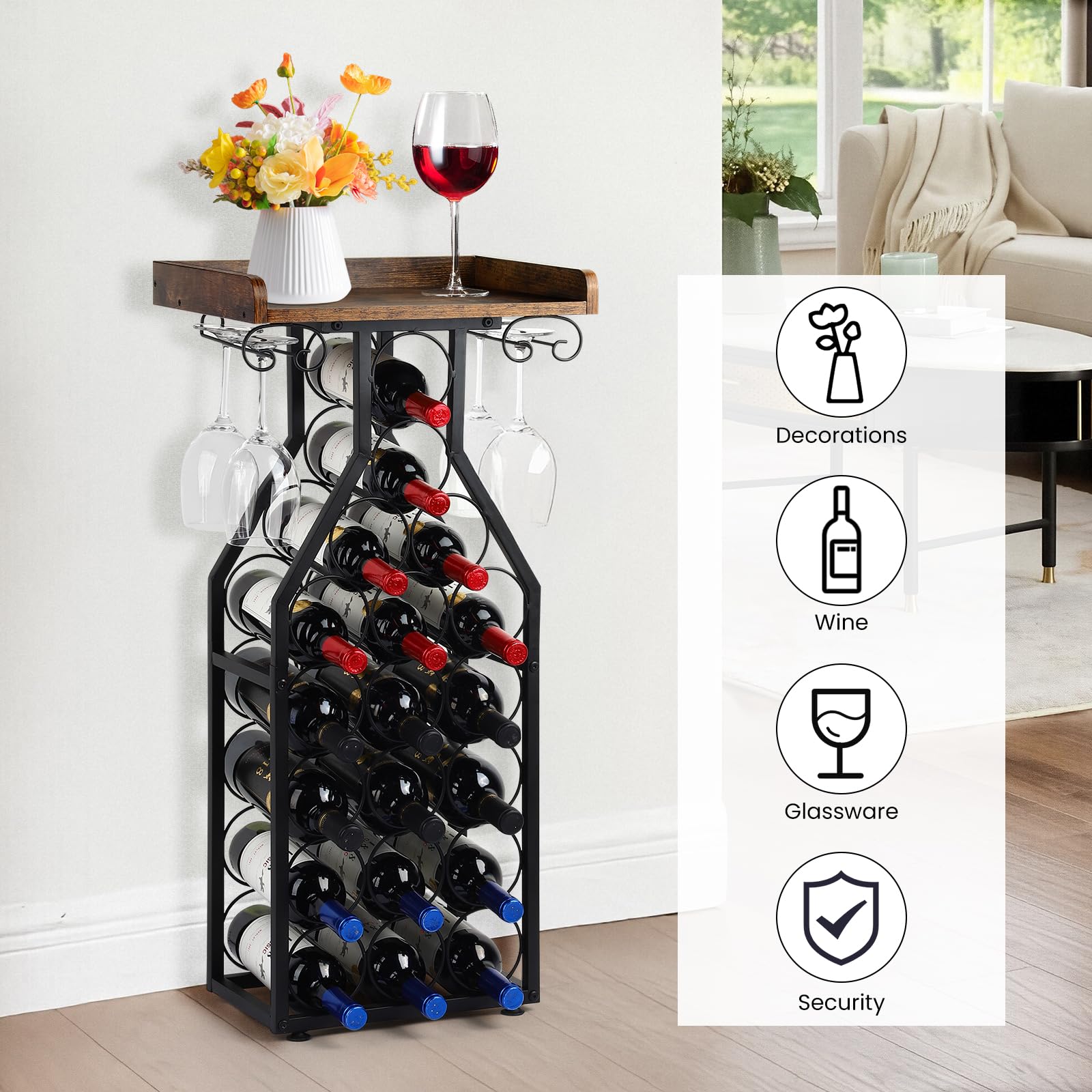 19-Bottle Wine Rack with Glass Holder and Wood Tabletop