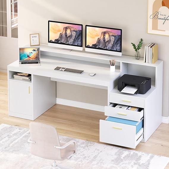 Computer Desk with 3 Drawer Storage Shelves and File Cabinet