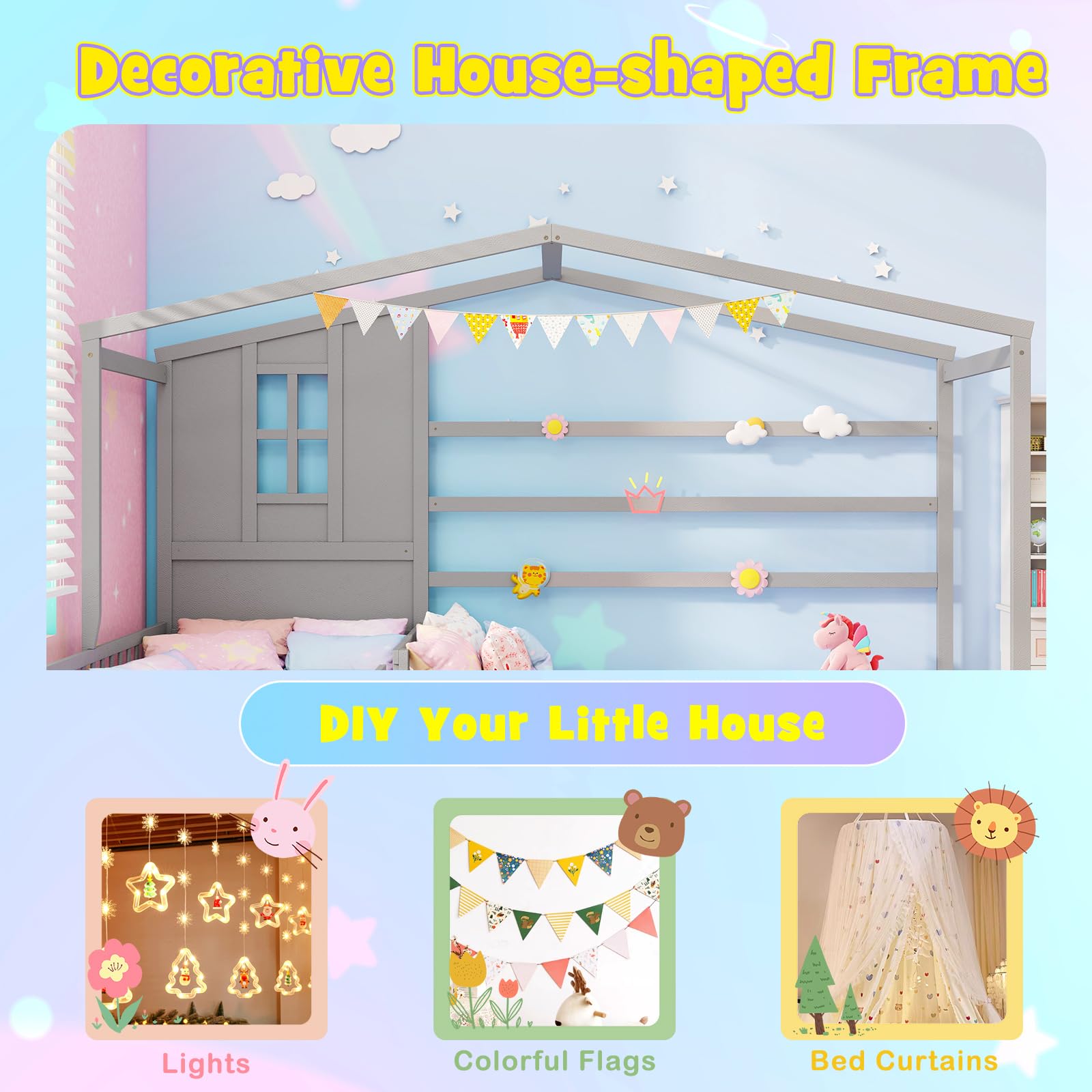 Double Twin L-Shaped House Bed with Window and Fences