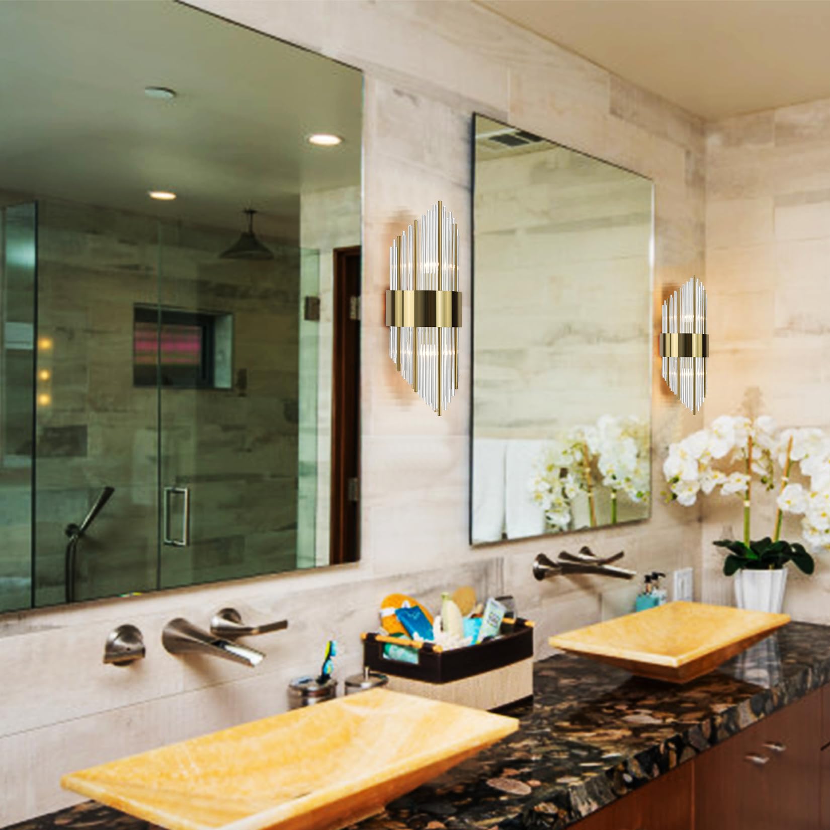 Modern Gold Crystal Wall Sconces Set of 2