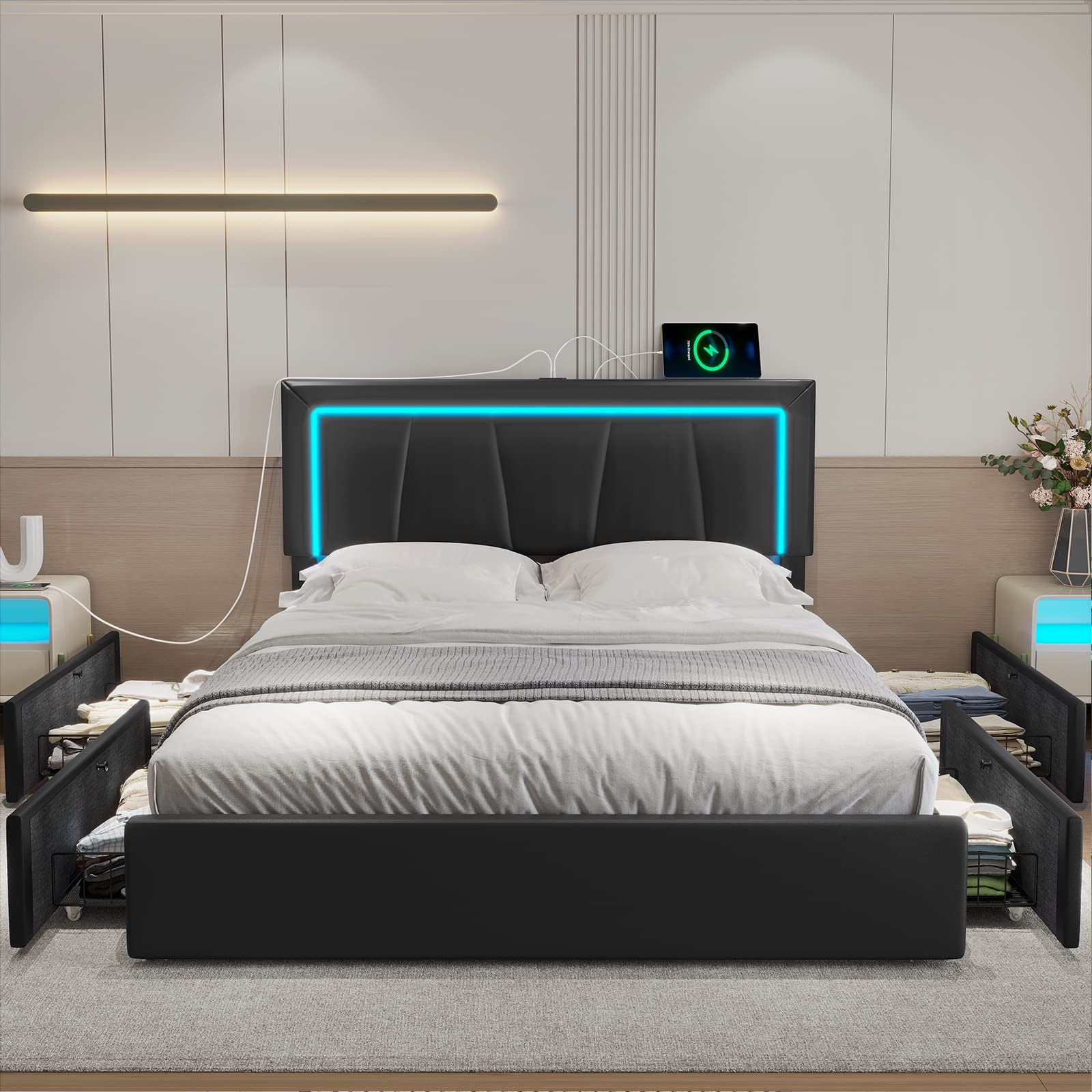 Queen Bed Frame with LED Headboard, Storage Drawers & Charging Station