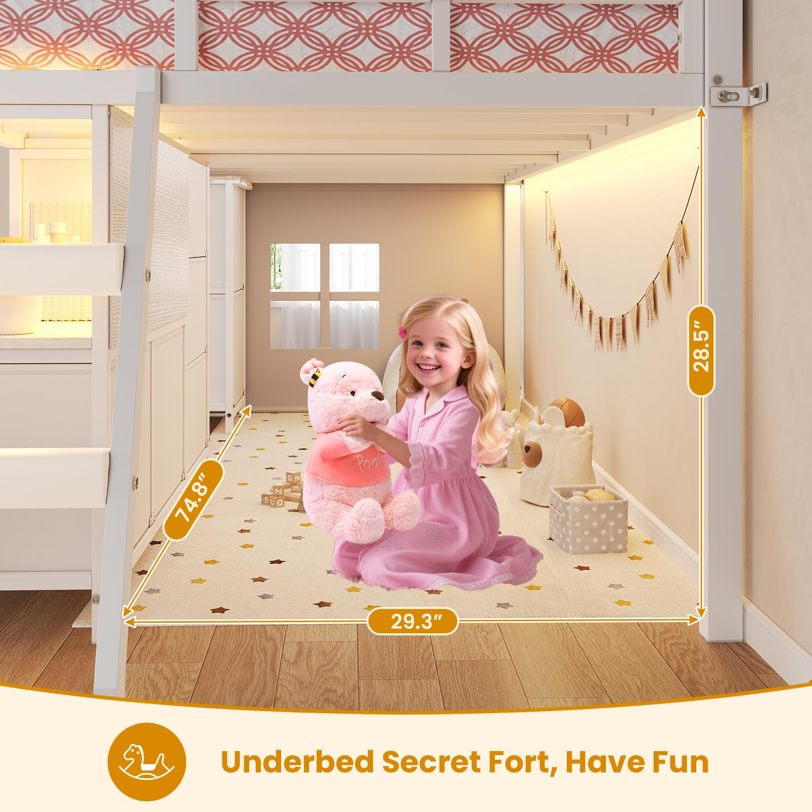 Low Loft Twin Bed with 7 Storage Drawers and LED Lights